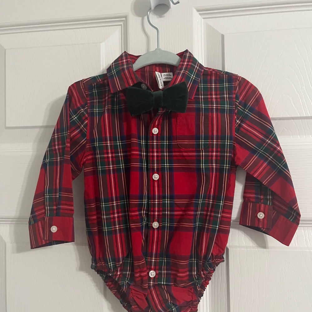 NWT Janie and Jack Red Plaid Bodysuit with Green Velvet Bow Tie
